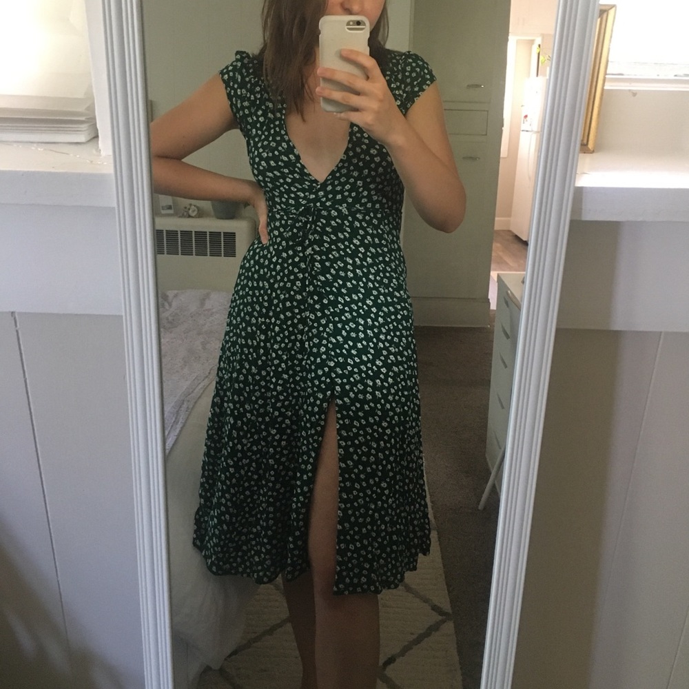 Reformation Green Floral Wrap Dress